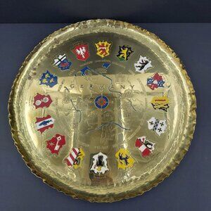 Vintage German Brass Souvenir Wall Hanging Tray 15" - Enameled City Crests & Map